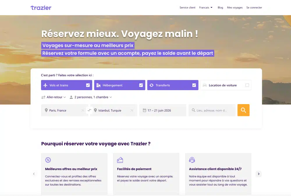 Interface recherche voyage